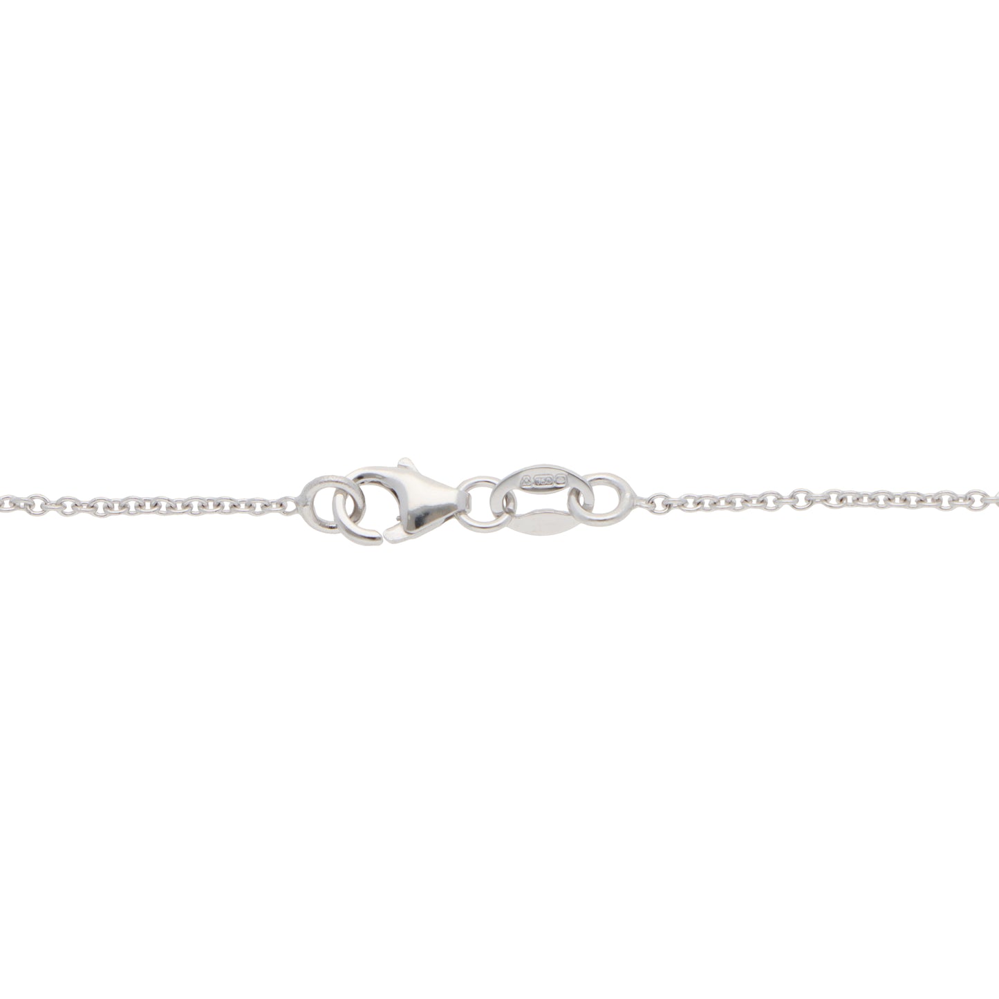 A white gold chain with a lobster claw clasp, on a white background