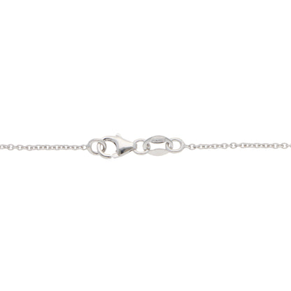 A white gold chain with a lobster claw clasp, on a white background