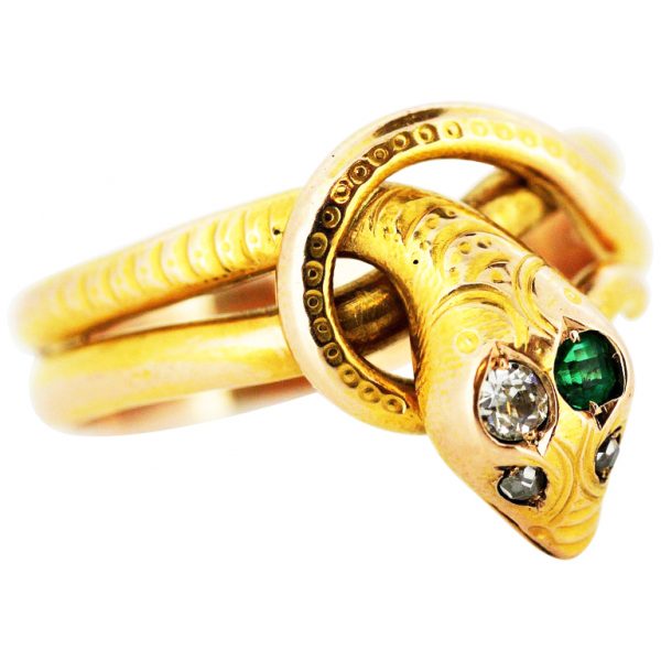 1950's Vintage Snake Ring, with Diamonds and Emerald, 14ct Yellow Gold