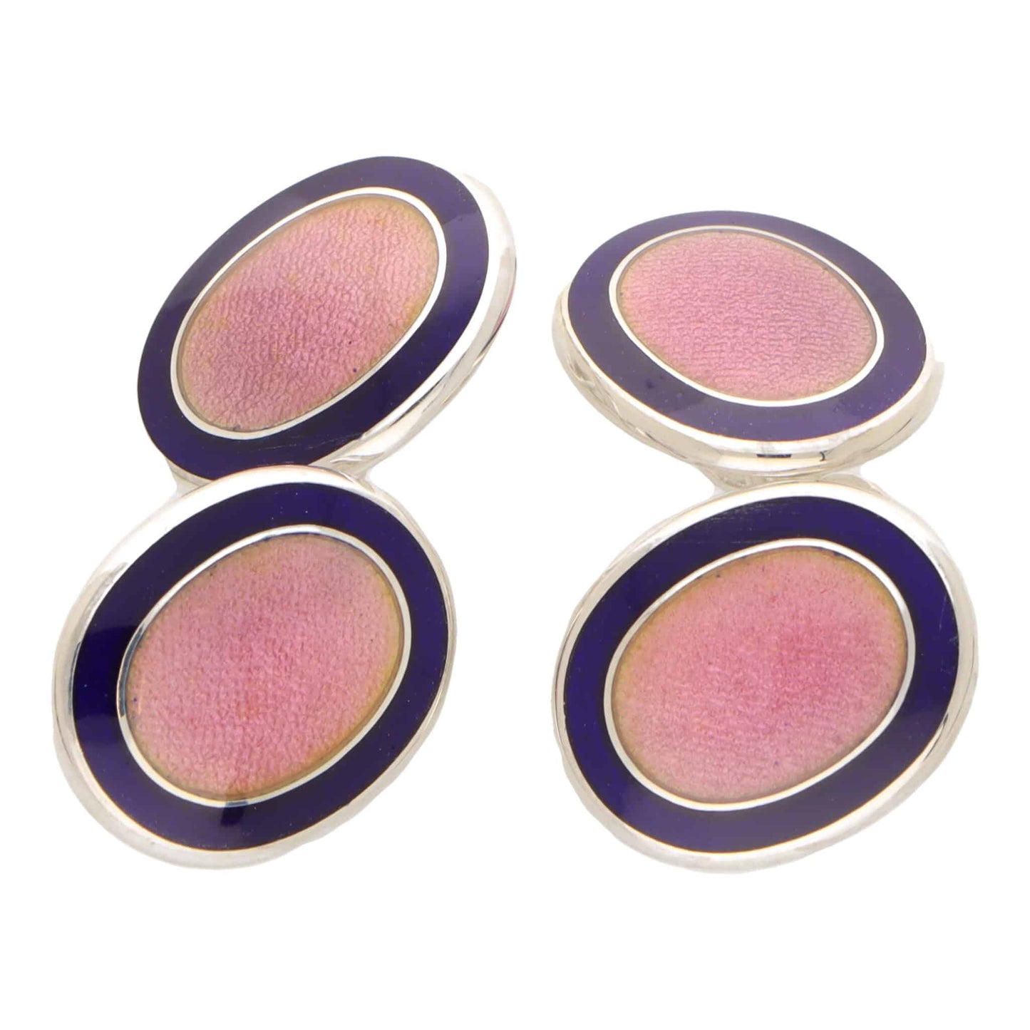 Pair of pink and navy oval silver cufflinks on a white background