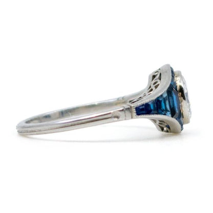 Vintage Sapphire and Old European Cut Diamond Ring, Platinum