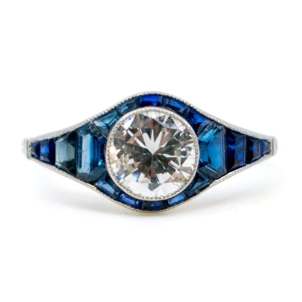 Vintage Sapphire and Old European Cut Diamond Ring, Platinum