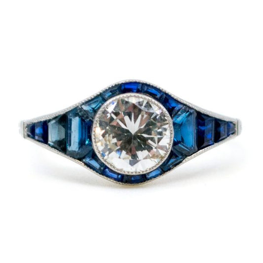 Vintage Sapphire and Old European Cut Diamond Ring, Platinum