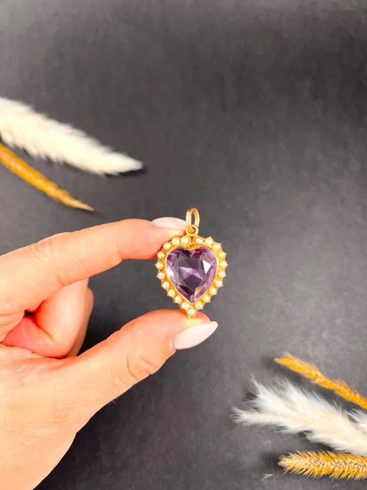 Antique Amethyst And Pearl Heart Pendant In 15 Carat Yellow Gold