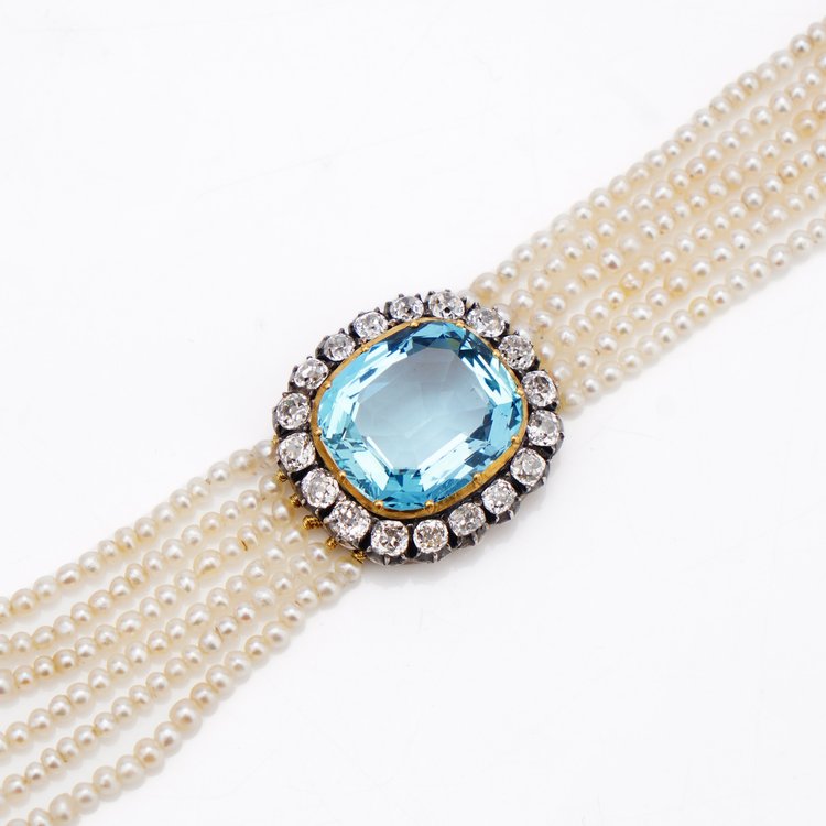 Antique Aquamarine and Diamond Cluster Pearl Bracelet