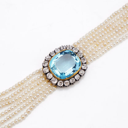 Antique Aquamarine and Diamond Cluster Pearl Bracelet