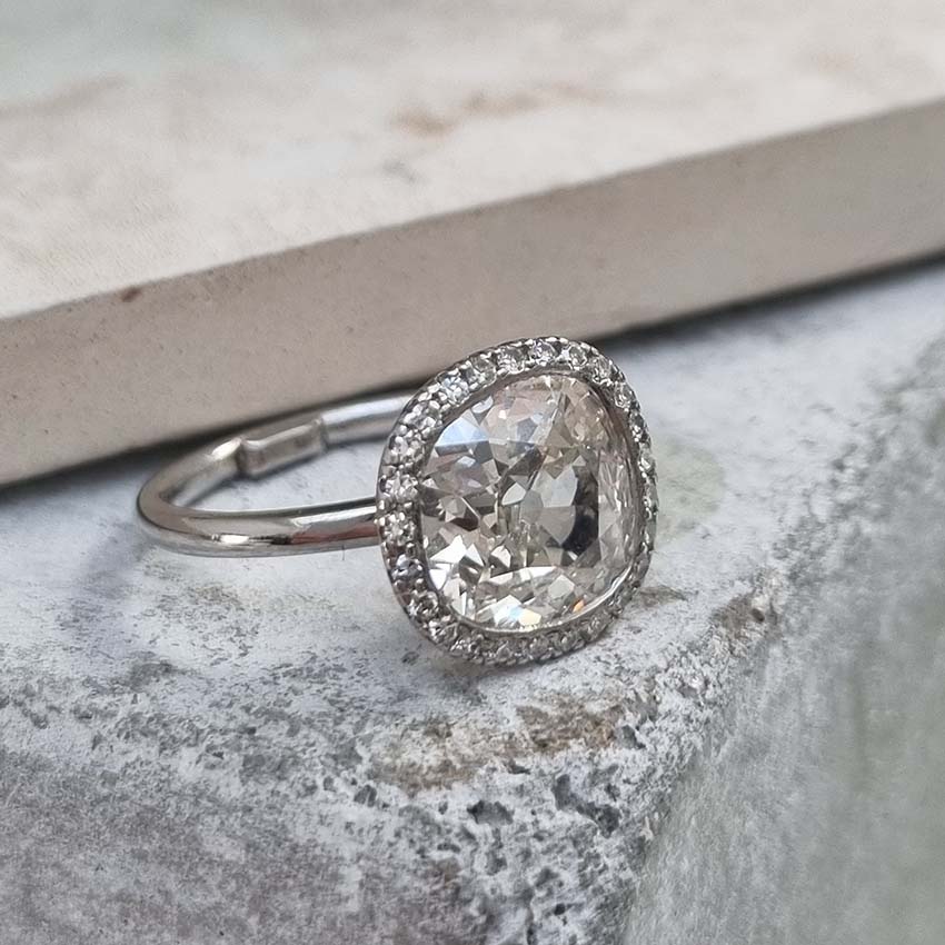 Vintage 3.15ct Cushion Old Cut Diamond Halo Cluster Engagement Ring in Platinum