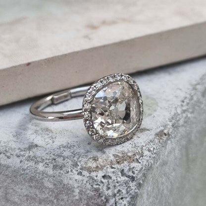 Vintage 3.15ct Cushion Old Cut Diamond Halo Cluster Engagement Ring in Platinum