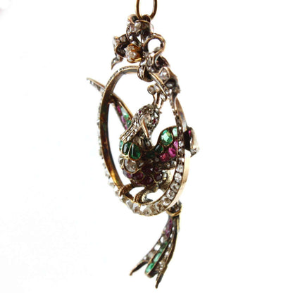 Antique Diamond Ruby and Emerald Mockingbird Pendant