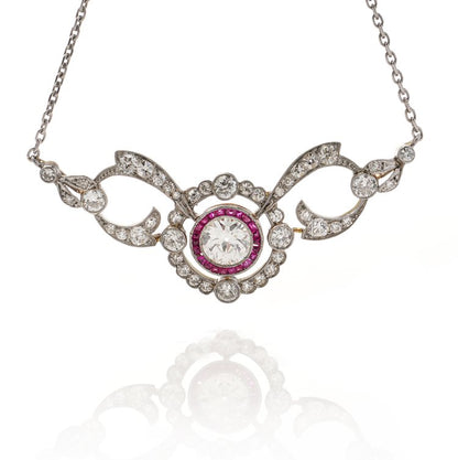 Antique Edwardian French 2.24ct Old Cut Diamond Necklace with Rubies