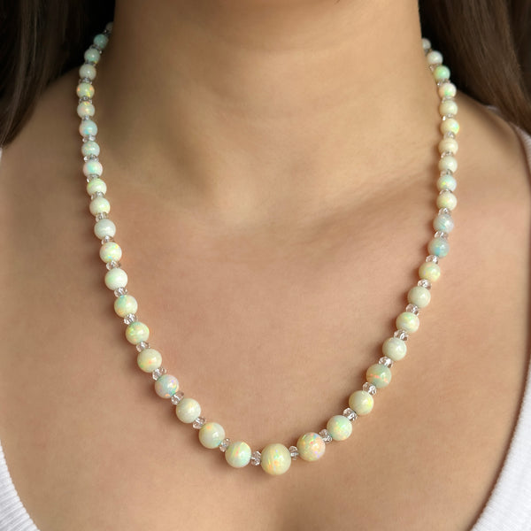 Antique Graduated Opal Bead Necklace with Rock Crystal Spacers
