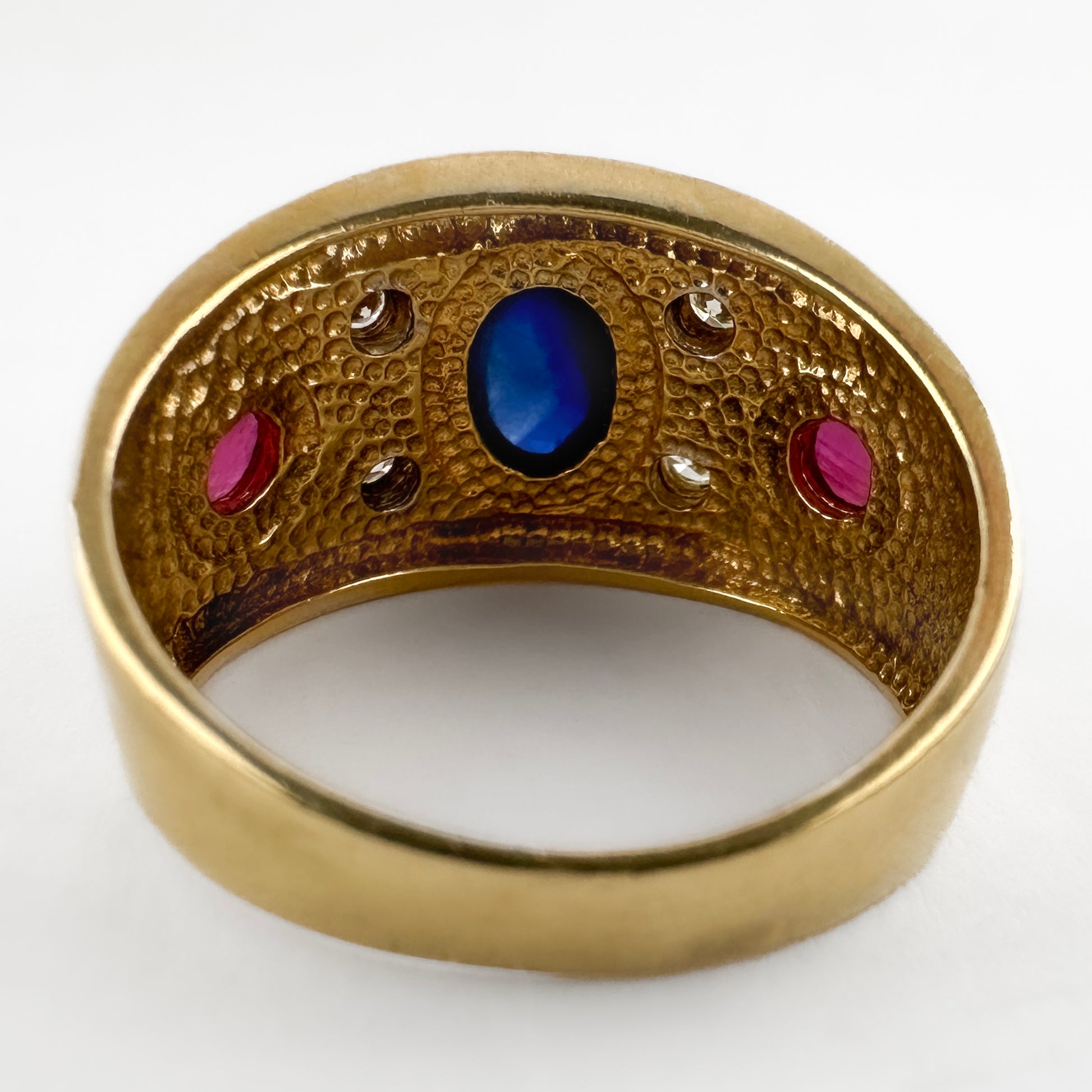 Vintage Etruscan Style Cabochon Ruby and Sapphire Trilogy Wide Band Ring
