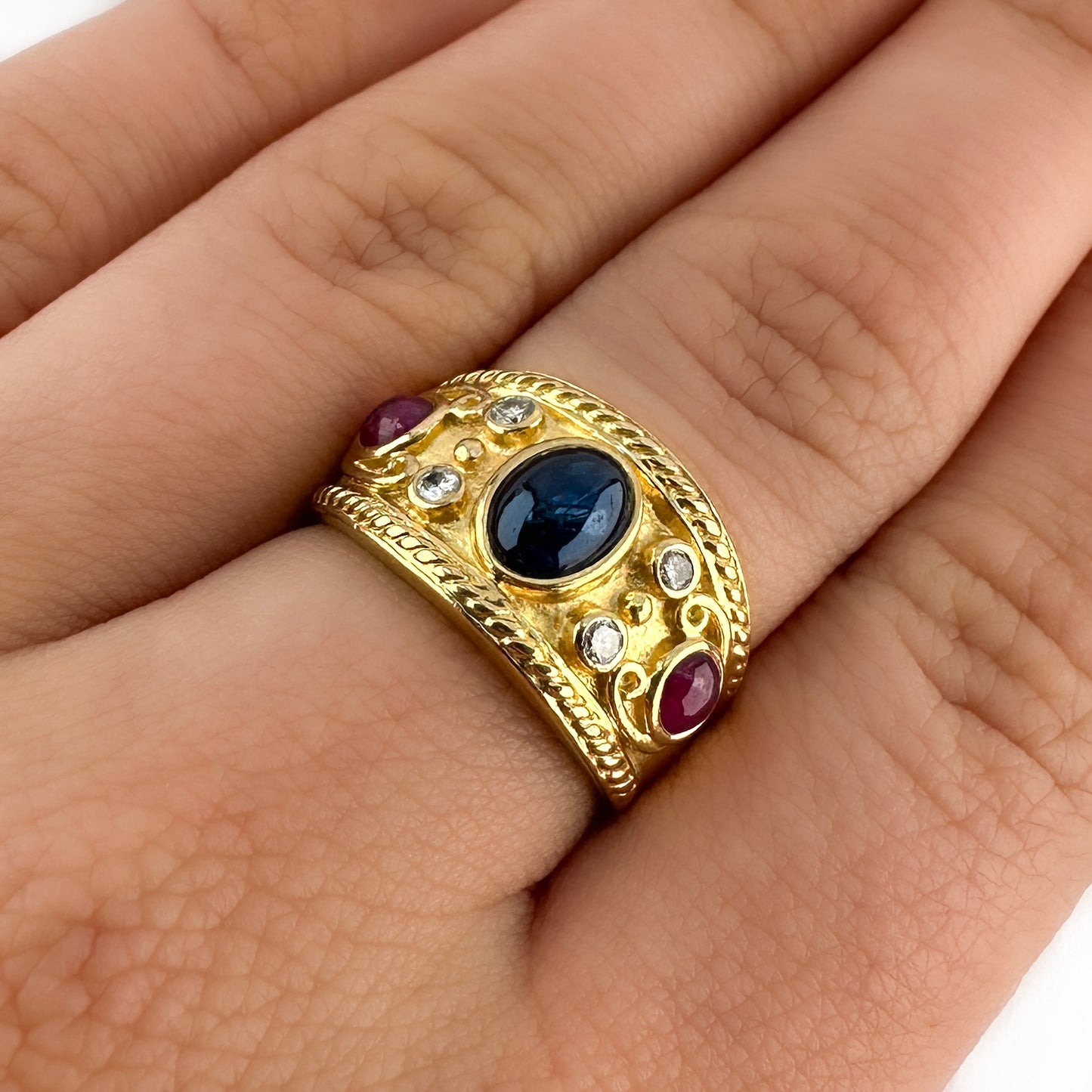 Vintage Etruscan Style Cabochon Ruby and Sapphire Trilogy Wide Band Ring