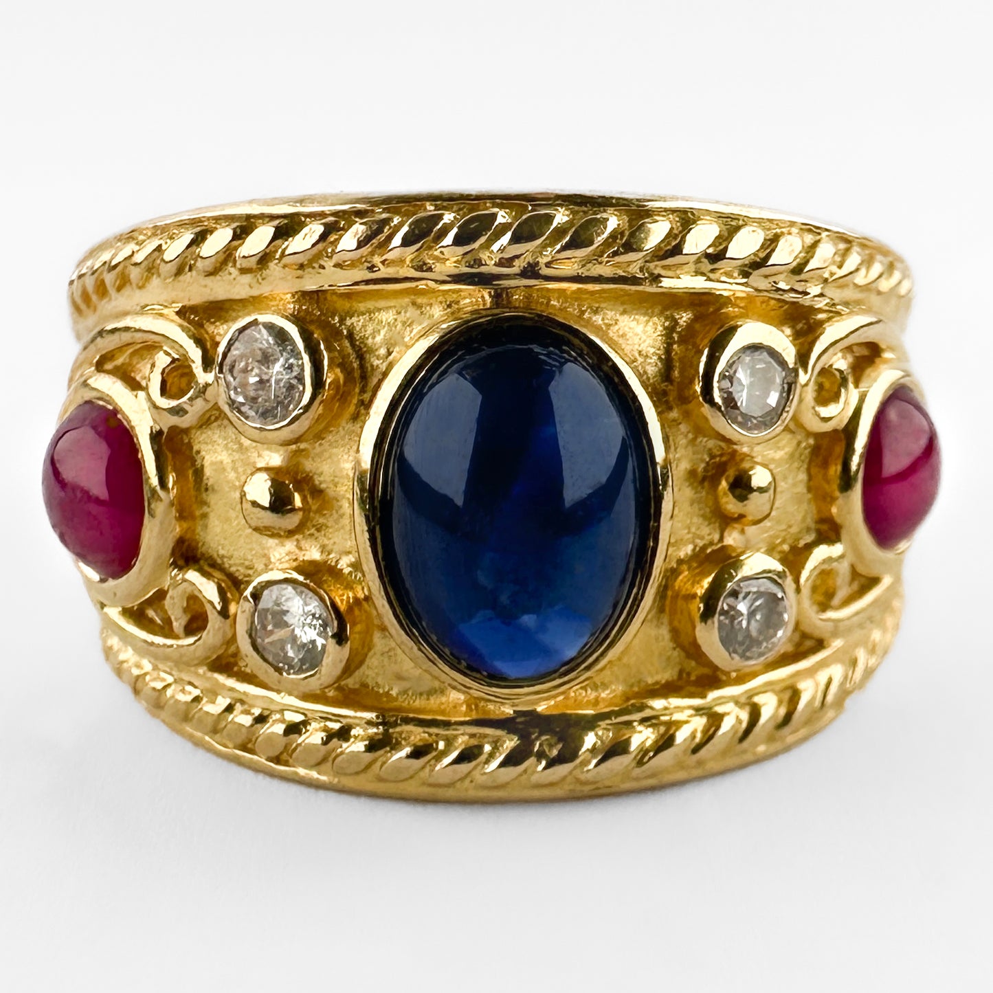 Vintage Etruscan Style Cabochon Ruby and Sapphire Trilogy Wide Band Ring