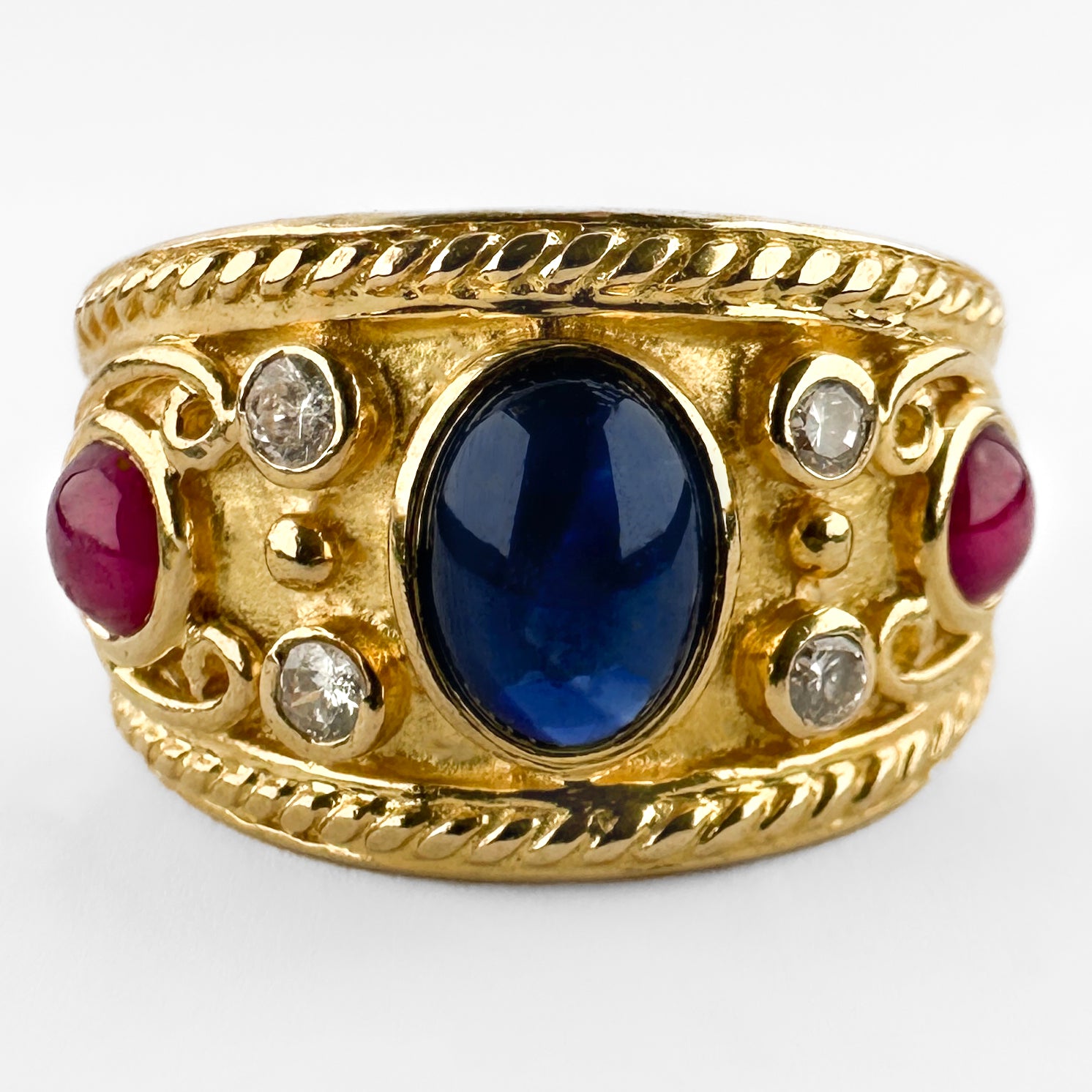 Vintage Etruscan Style Cabochon Ruby and Sapphire Trilogy Wide Band Ring