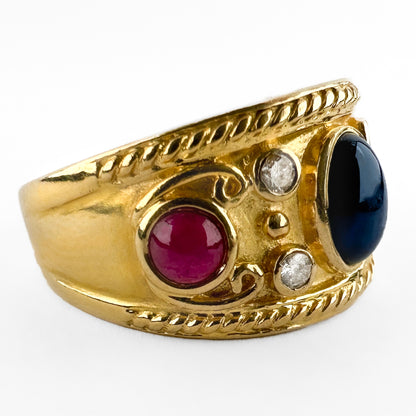 Vintage Etruscan Style Cabochon Ruby and Sapphire Trilogy Wide Band Ring