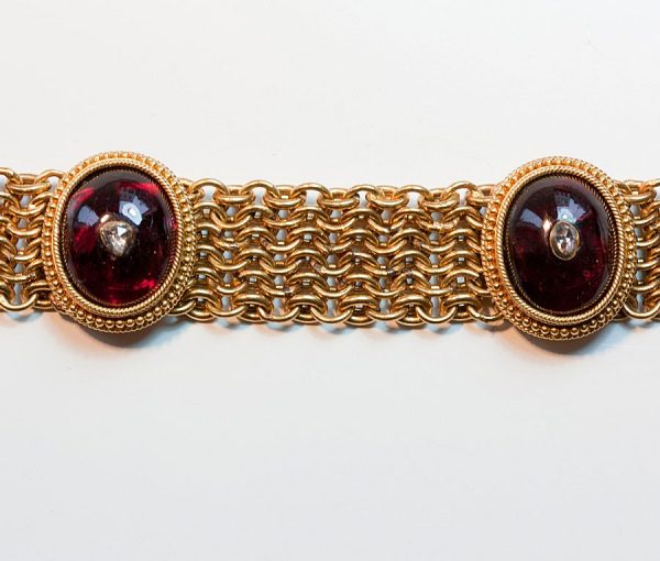 Antique Georgian Neo Etruscan Garnet, Diamond and 18ct Gold Bracelet; finely woven 18ct gold bracelet set with six large cabochon cut garnets