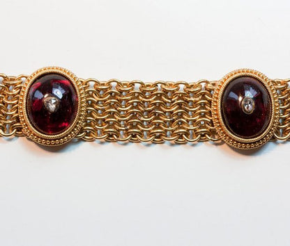 Antique Georgian Neo Etruscan Garnet, Diamond and 18ct Gold Bracelet; finely woven 18ct gold bracelet set with six large cabochon cut garnets