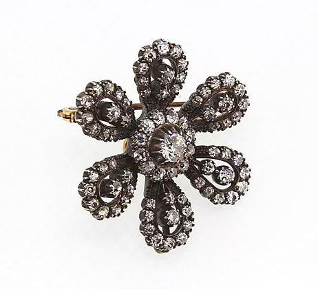 Vintage Old Cut Diamond Flower Brooch, Silver and Gold