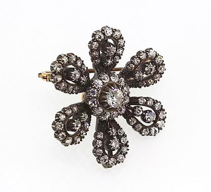 Vintage Old Cut Diamond Flower Brooch, Silver and Gold