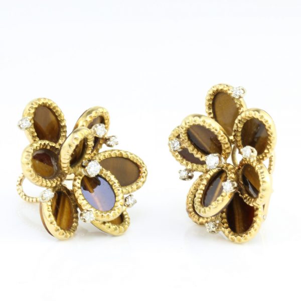 Vintage French Tigers Eye and Diamond Floral Cluster Clip On Earrings