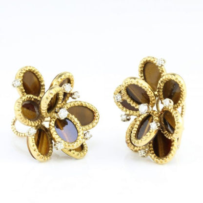 Vintage French Tigers Eye and Diamond Floral Cluster Clip On Earrings