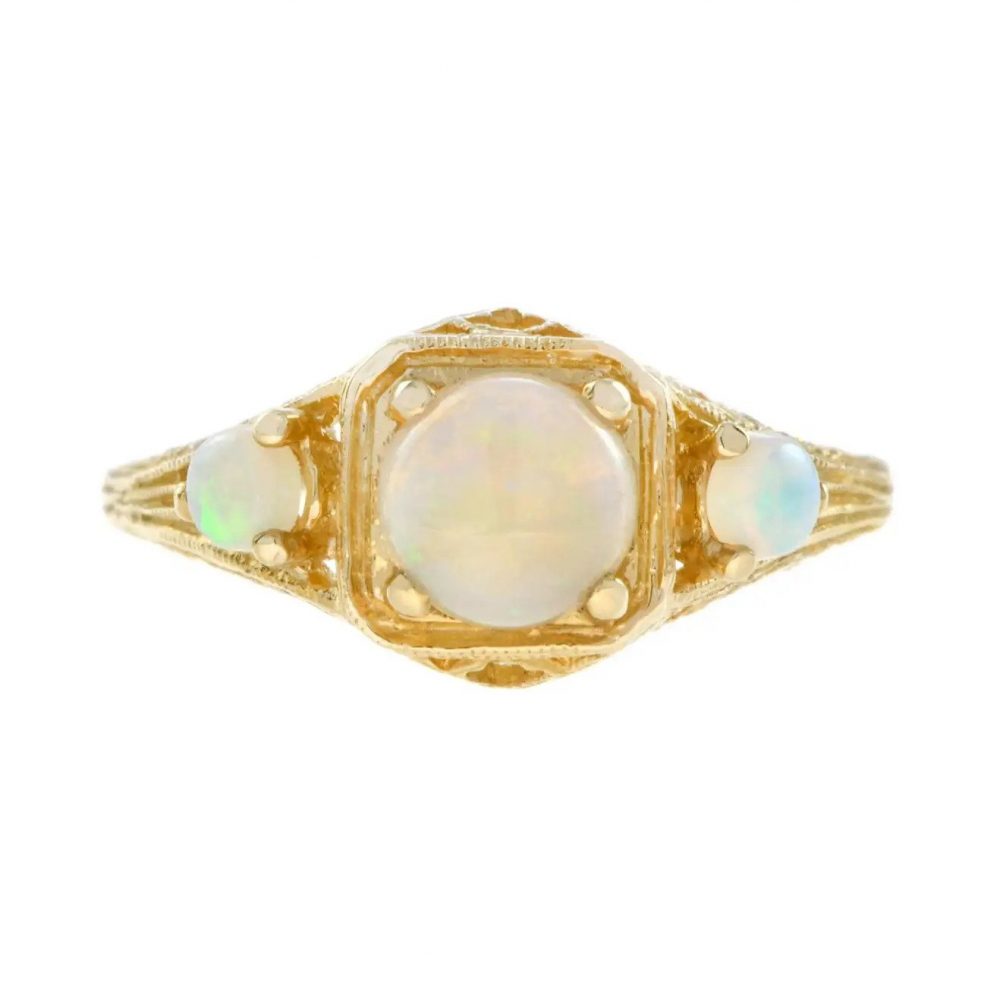 Opal Three Stone Filigree Ring in Yellow Gold