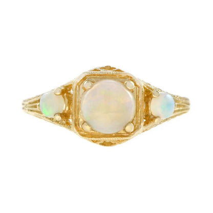 Opal Three Stone Filigree Ring in Yellow Gold
