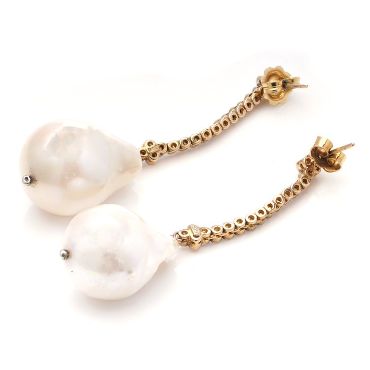 Vintage Baroque Pearl and Diamond Drop Earrings