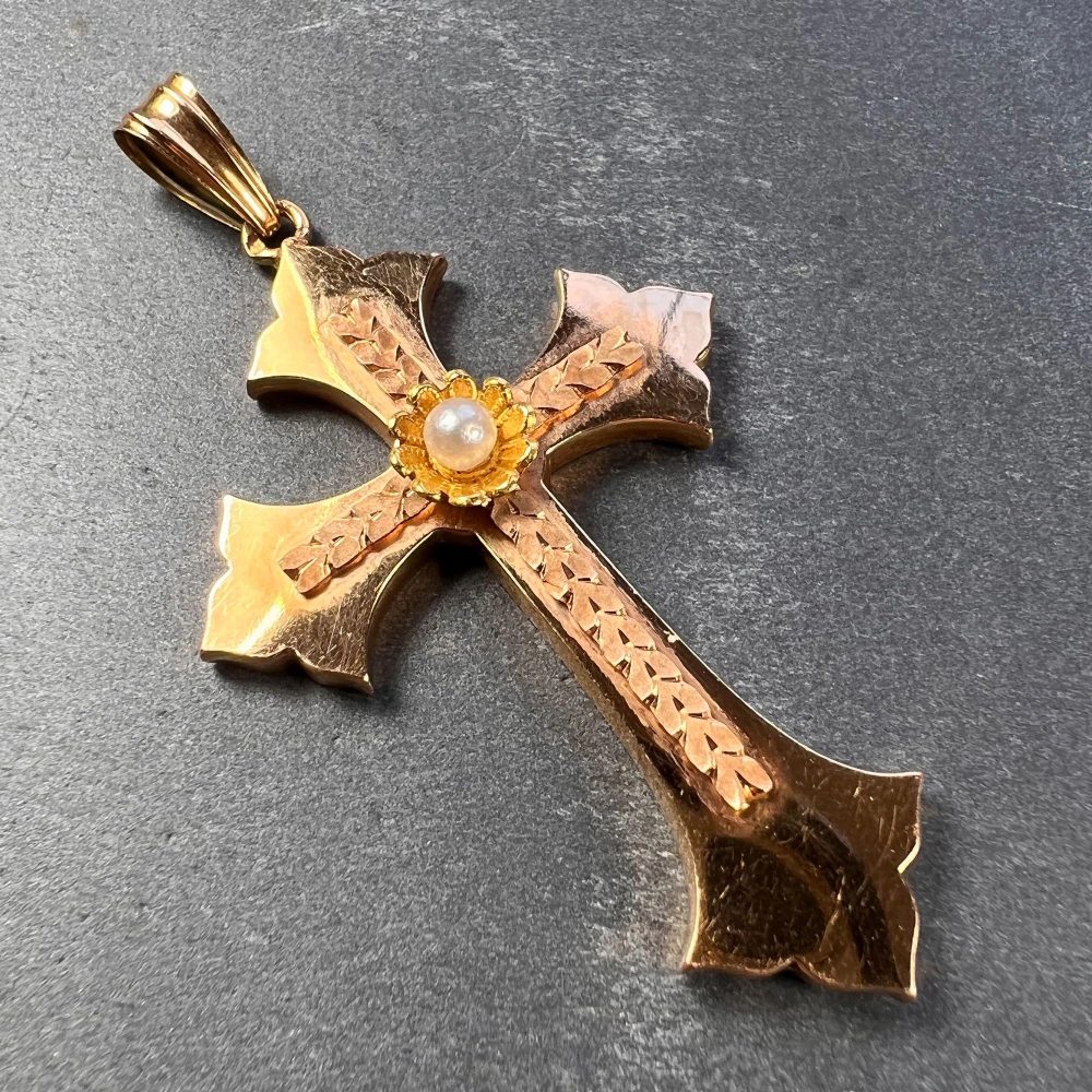 French 18ct Rose Gold Cross Pendant with Natural Pearl – Jewellery