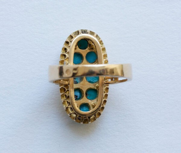 Antique Victorian Cabochon Turquoise and Diamond Oval Plaque Ring