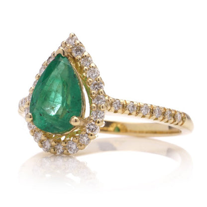 1.60ct Emerald and Diamond Pear Shaped Cluster Engagement Ring in 18ct Yellow Gold