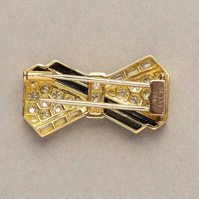 Vintage French Gold Bow Brooch with Onyx and Diamonds By Pery & Fils
