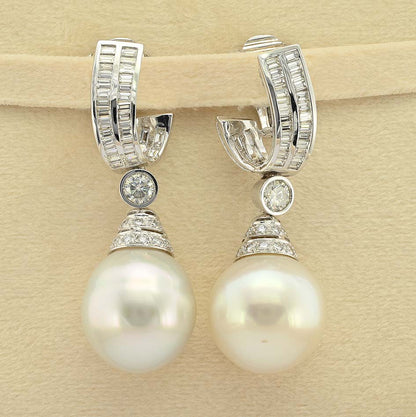 South Sea Pearl and 3.70ct Diamond Drop Earrings by Ella Gem, Two large South Sea pearls with diamond caps suspended from baguette diamond tops via diamond solitaire links in 18ct white gold