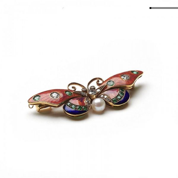 Pink and Blue Enamel Butterfly Brooch with Diamonds Emeralds Pearl