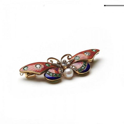 Pink and Blue Enamel Butterfly Brooch with Diamonds Emeralds Pearl