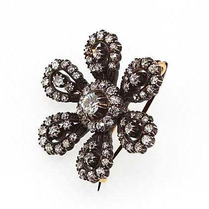 Vintage Old Cut Diamond Flower Brooch, Silver and Gold