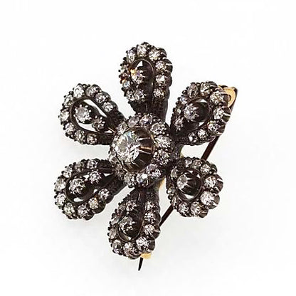 Vintage Old Cut Diamond Flower Brooch, Silver and Gold