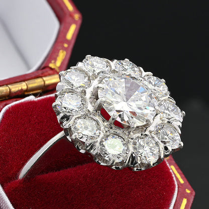 Late Art Deco Certified D VS 1.35ct Diamond Daisy Cluster Engagement Ring in Platinum, 3.19 carat total