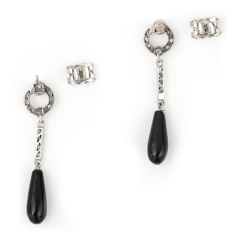 Art Deco Style Teardrop Cabochon Onyx and Diamond Drop Earrings in 18ct White Gold