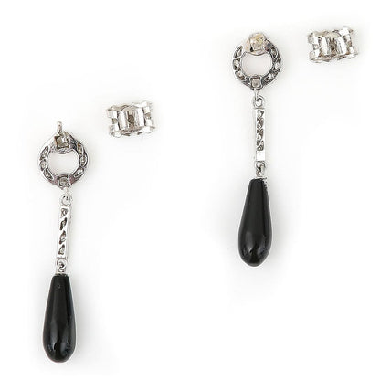 Art Deco Style Teardrop Cabochon Onyx and Diamond Drop Earrings in 18ct White Gold