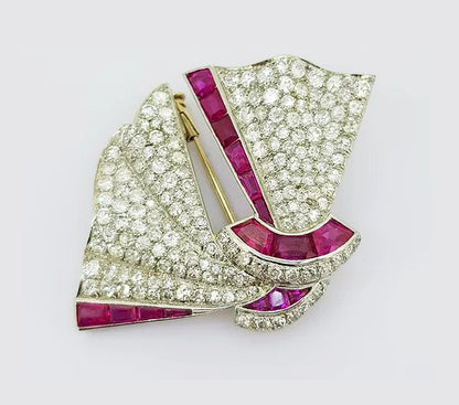 Vintage Gioielli Petochi Ruby and Diamond Bow Brooch, 18ct white gold, Circa 1960, Signed by the Italian designer
