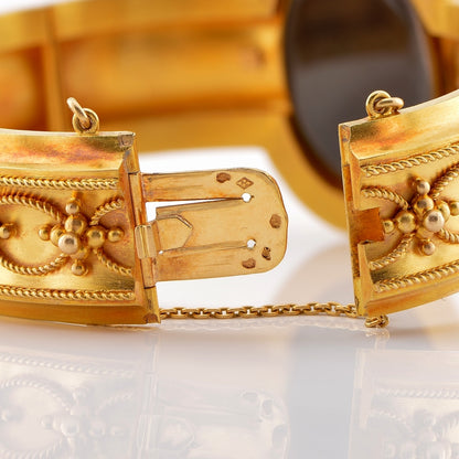 Antique French Etruscan Revival 18ct Yellow Gold and Garnet Locket Bangle Bracelet