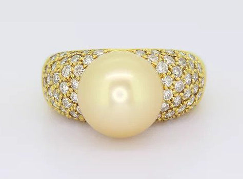 Vintage 11mm Golden South Sea Pearl and Diamond Bombe Cocktail Ring