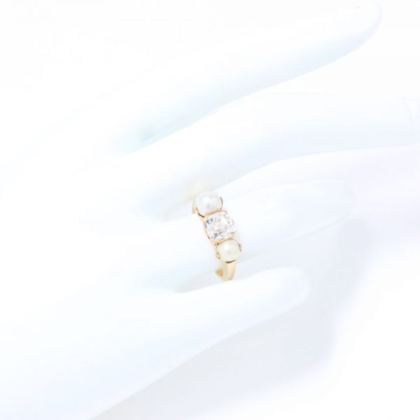 Antique Victorian Old Cushion Cut Diamond and Pearl Three Stone Ring