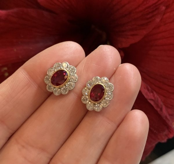 Ruby and Diamond Oval Cluster Stud Earrings in 18ct Gold, 1.60 carats