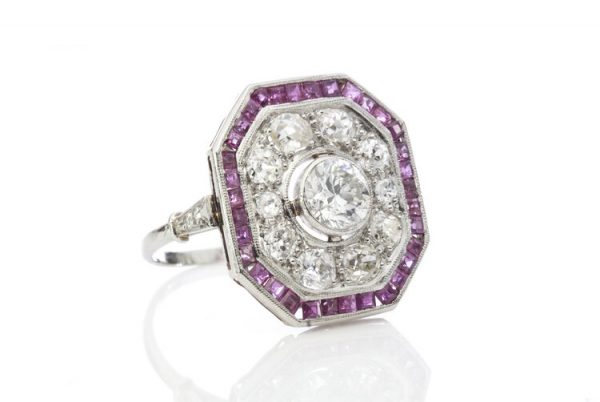 Art Deco Diamond, Ruby and Platinum Cluster Ring, Circa 1930