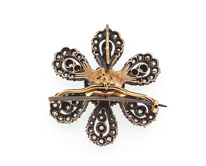 Vintage Old Cut Diamond Flower Brooch, Silver and Gold