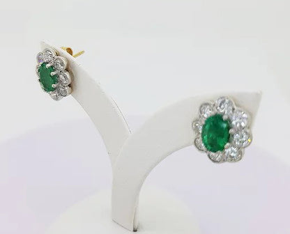 1.50ct Emerald and Diamond Oval Cluster Stud Earrings, in 18ct Gold