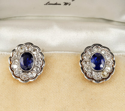 Antique Edwardian 2.6ct Natural No Heat Ceylon Sapphire and Diamond Oval Cluster Earrings